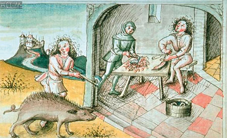 Monatsblätter Dezember und August 1475, Sammelhandschrift Süddeutschland: Schlachtung und Ernte; Auffallend ist die aufwändige Gestaltung des Innenraumes mit gekacheltem Boden und Fenstern.